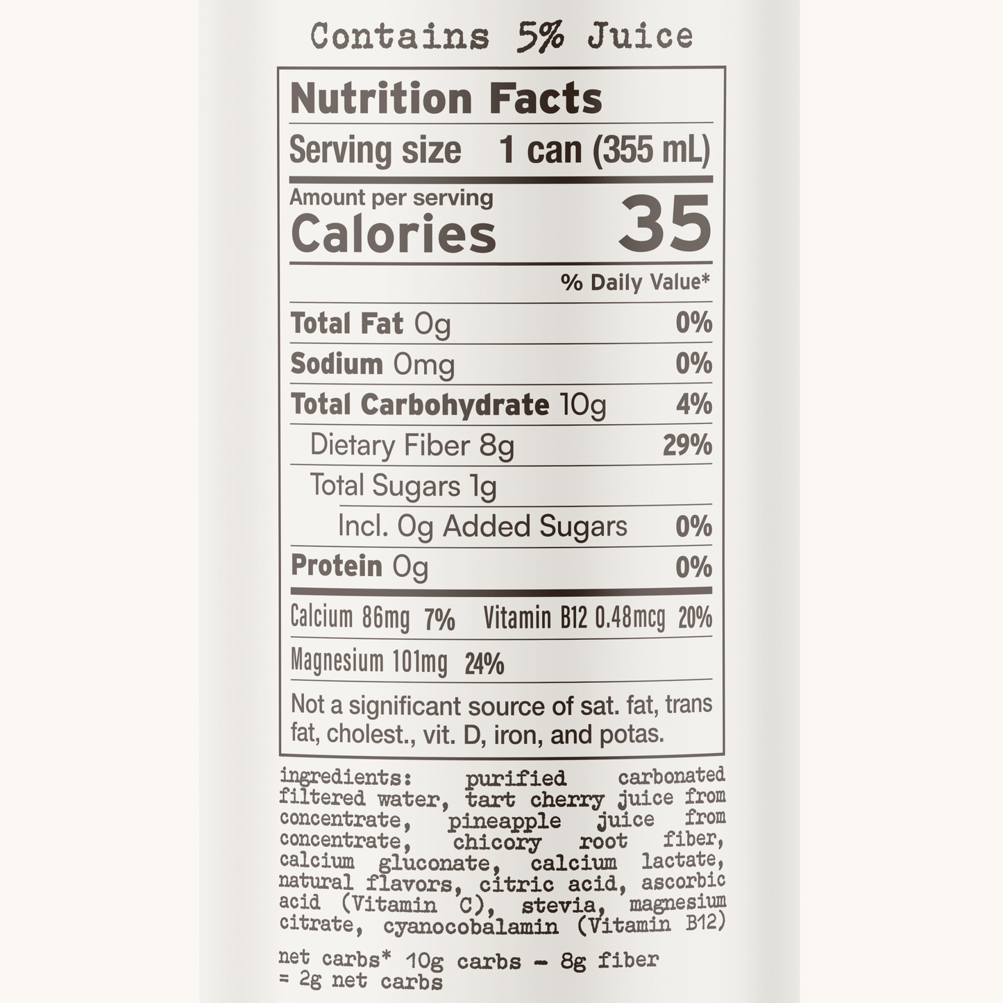 No Worries GLP-1 Support Beverage, Tart Cherry Pineapple, Ready to Drink GLP1 Support with Chicory Root, 8g of fiber, Magnesium, Calcium, 2g of net carbs, Lightly Sparkling, 12 fl oz