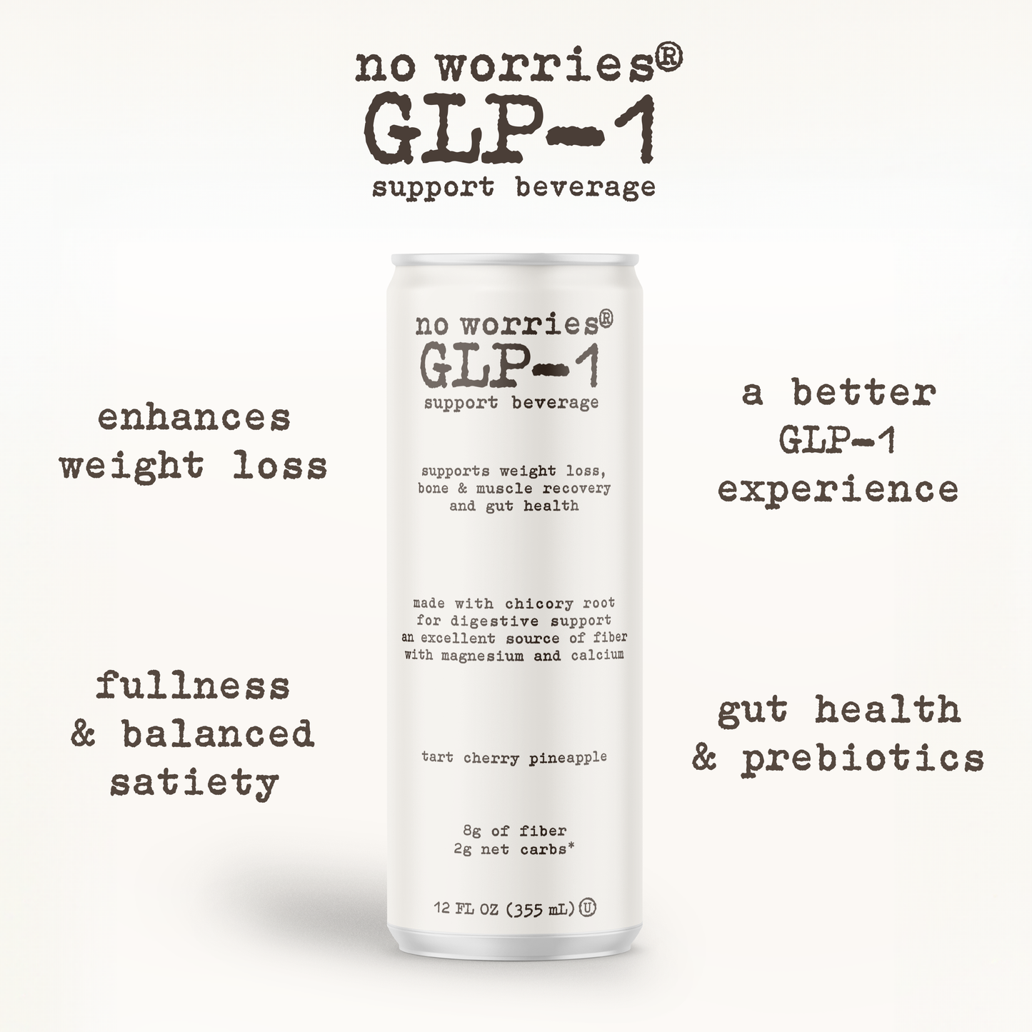 No Worries GLP-1 Support Beverage, Tart Cherry Pineapple, Ready to Drink GLP1 Support with Chicory Root, 8g of fiber, Magnesium, Calcium, 2g of net carbs, Lightly Sparkling, 12 fl oz