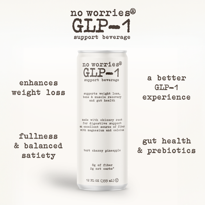 No Worries GLP-1 Support Beverage, Tart Cherry Pineapple, Ready to Drink GLP1 Support with Chicory Root, 8g of fiber, Magnesium, Calcium, 2g of net carbs, Lightly Sparkling, 12 fl oz