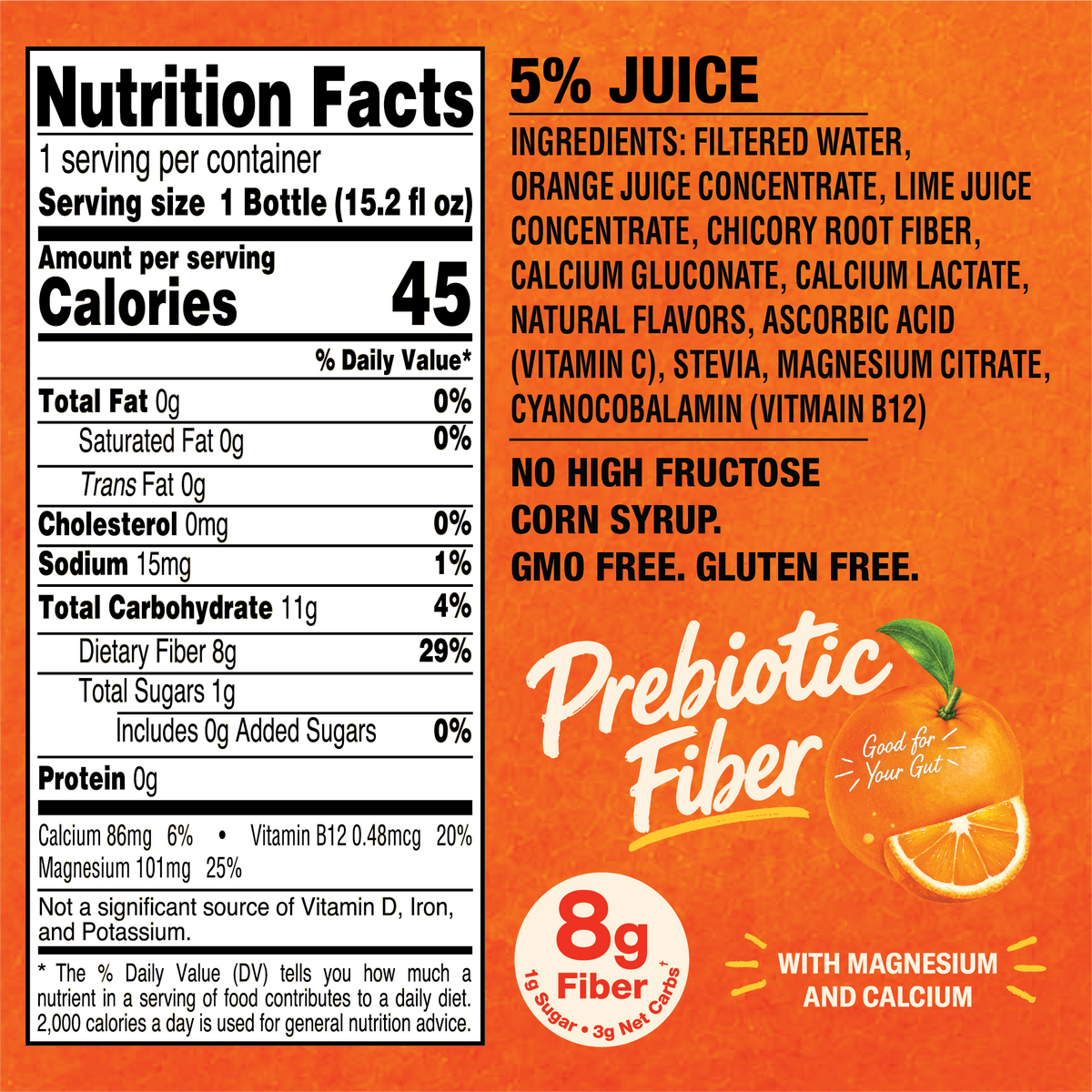 12pk 15.2oz Prebiotic Fiber Orange Juice Beverage with Chicory Root Fiber, Calcium and Magnesium