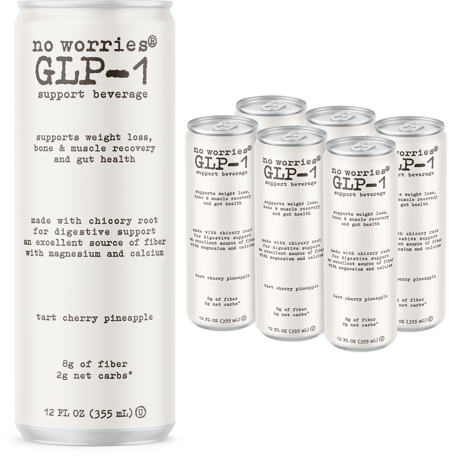 No Worries GLP-1 Support Beverage, Tart Cherry Pineapple, Ready to Drink GLP1 Support with Chicory Root, 8g of fiber, Magnesium, Calcium, 2g of net carbs, Lightly Sparkling, 12 fl oz