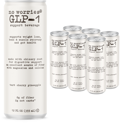 No Worries GLP-1 Support Beverage, Tart Cherry Pineapple, Ready to Drink GLP1 Support with Chicory Root, 8g of fiber, Magnesium, Calcium, 2g of net carbs, Lightly Sparkling, 12 fl oz
