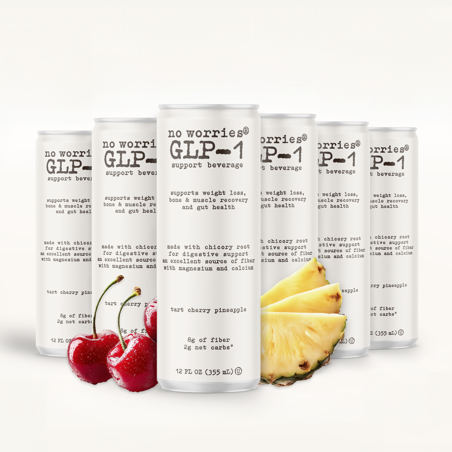 No Worries GLP-1 Support Beverage, Tart Cherry Pineapple, Ready to Drink GLP1 Support with Chicory Root, 8g of fiber, Magnesium, Calcium, 2g of net carbs, Lightly Sparkling, 12 fl oz