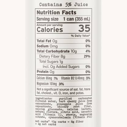 No Worries GLP-1 Support Beverage, Tart Cherry Pineapple, Ready to Drink GLP1 Support with Chicory Root, 8g of fiber, Magnesium, Calcium, 2g of net carbs, Lightly Sparkling, 12 fl oz
